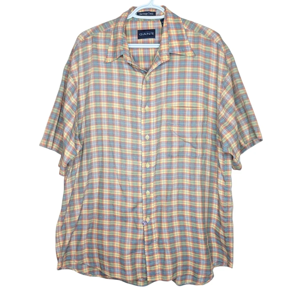 GANT Heritage Twill Plaid Short Sleeve Button Up Shirt Men's Large Vintage - Picture 1 of 9